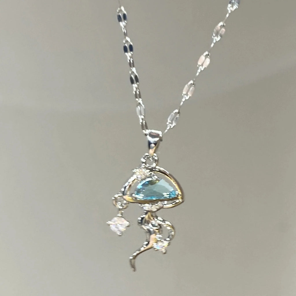 S925 sterling silver blue jellyfish necklace with white gold colour finish on adjustable chain