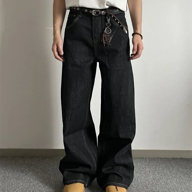 Black retro-style loose wide-leg straight-leg jeans with mid-waist design and zip placket closure