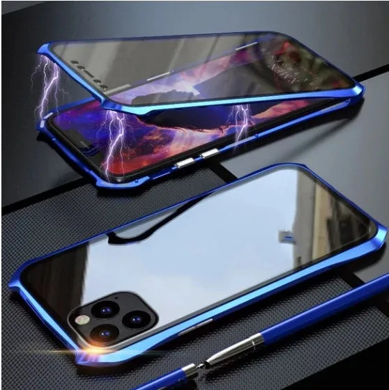 Glass magnetic king metal protective cover for iPhone 11 series in black, red, blue, and silver colours.