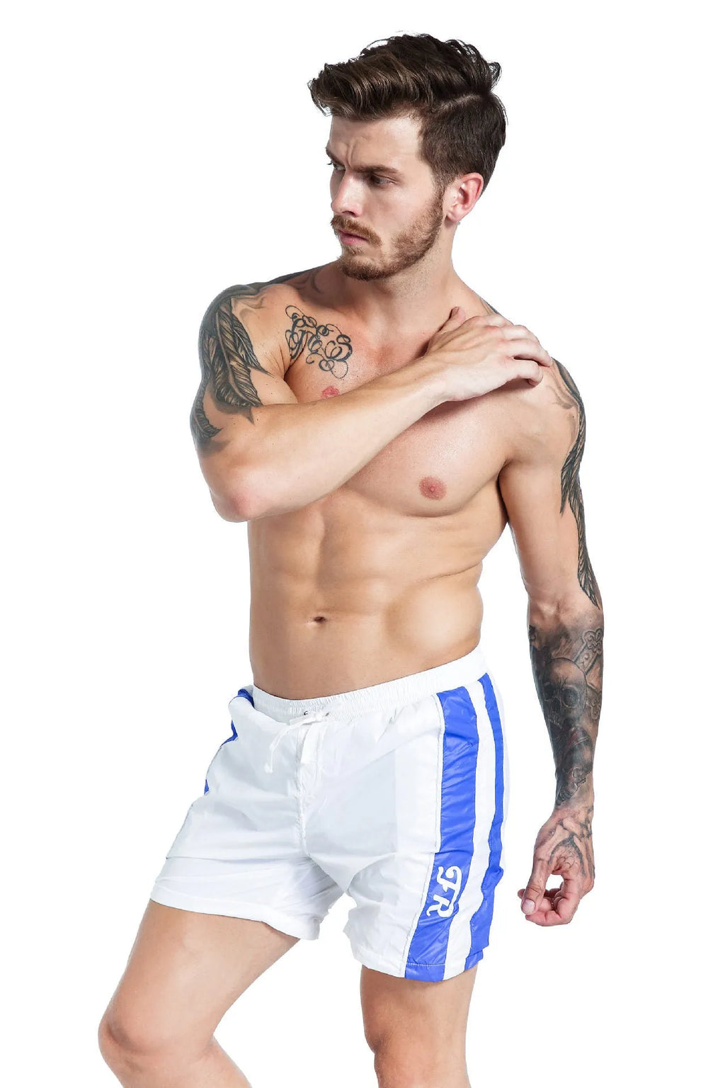 Men's blue lace-up sports shorts with padding, slim-fit polyester design