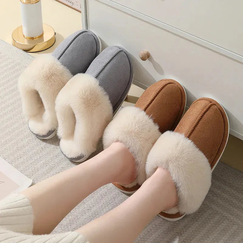 Women's brown plush winter slippers with artificial wool lining and anti-slip PVC sole shown from side view