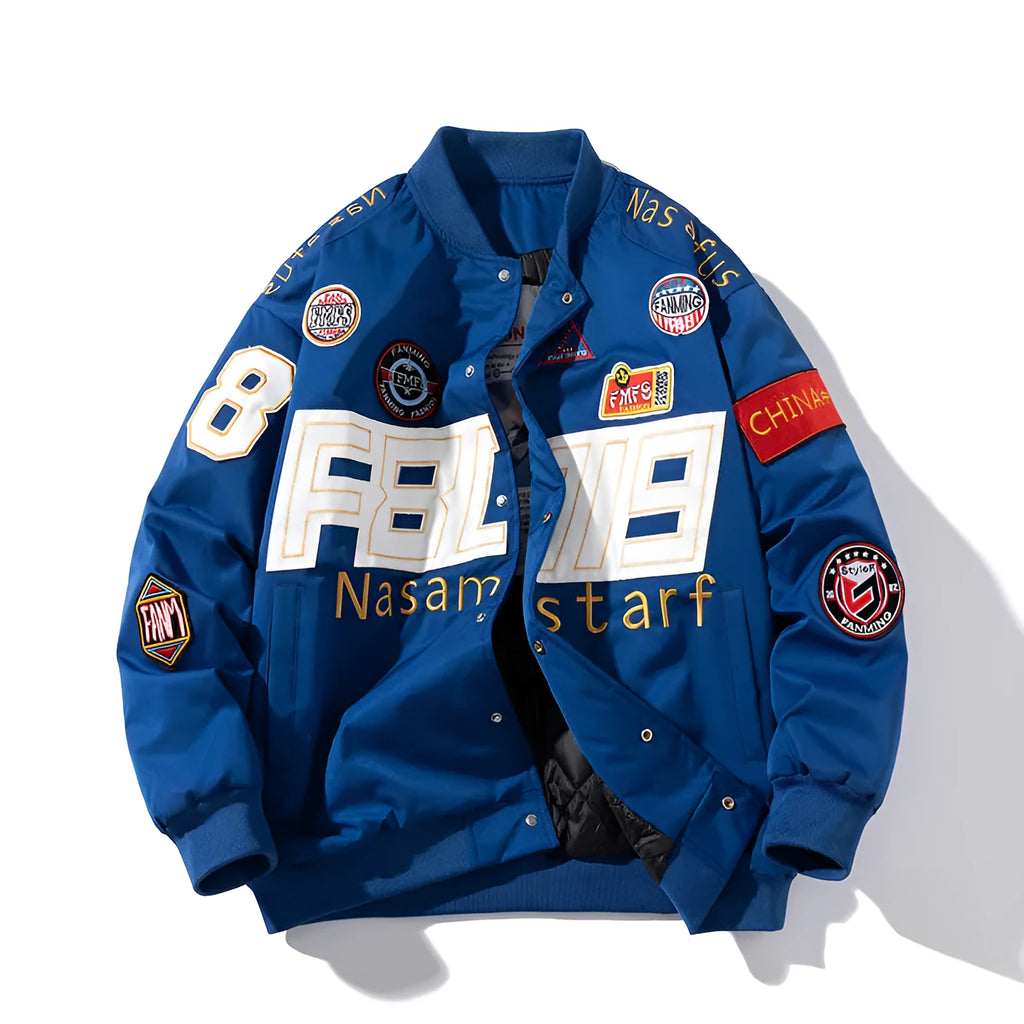 Men's thick motorcycle jacket racing suit with embroidered baseball design in black, blue, and red colours