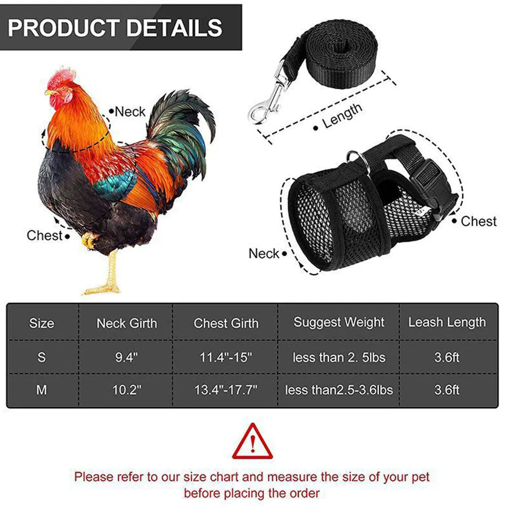 Poultry chicken vest harness with matching collar bow on a size chart showing XS to XL measurements and 110cm rope.