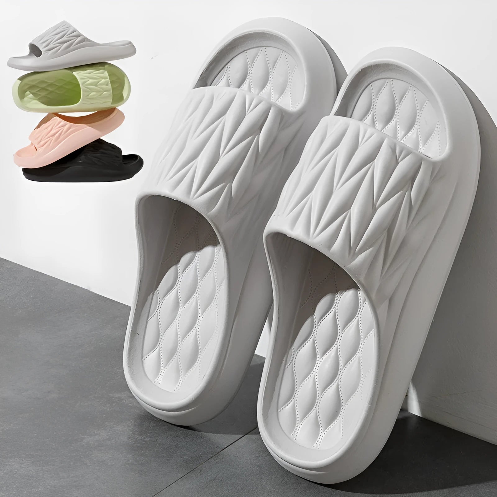 Leaf texture design EVA slippers in multiple colours on a white background.