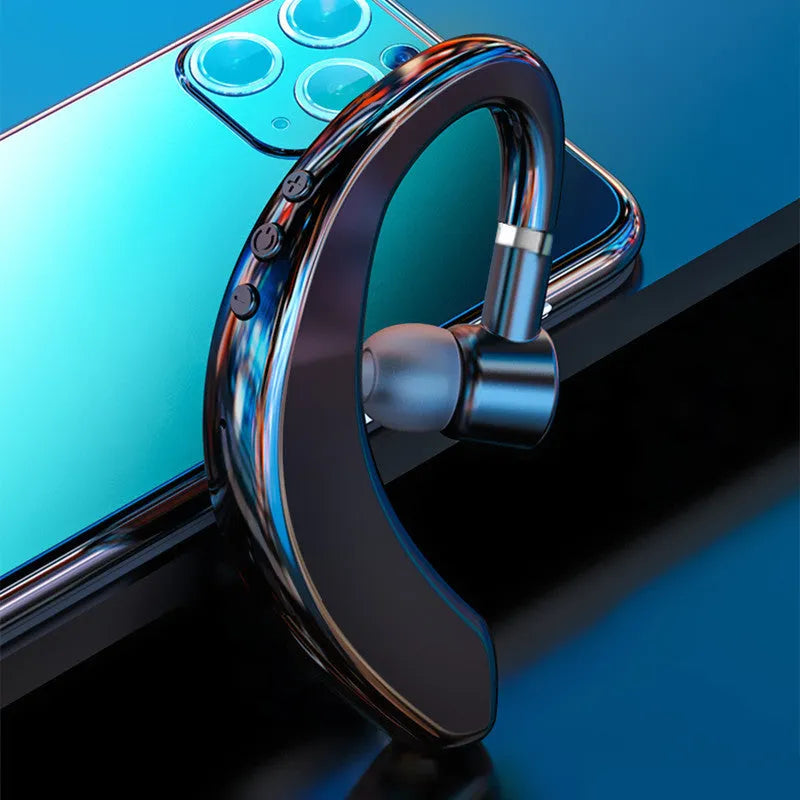 A single black or blue wireless Bluetooth in-ear headset with a rotatable earpiece, shown with its charging cable.
