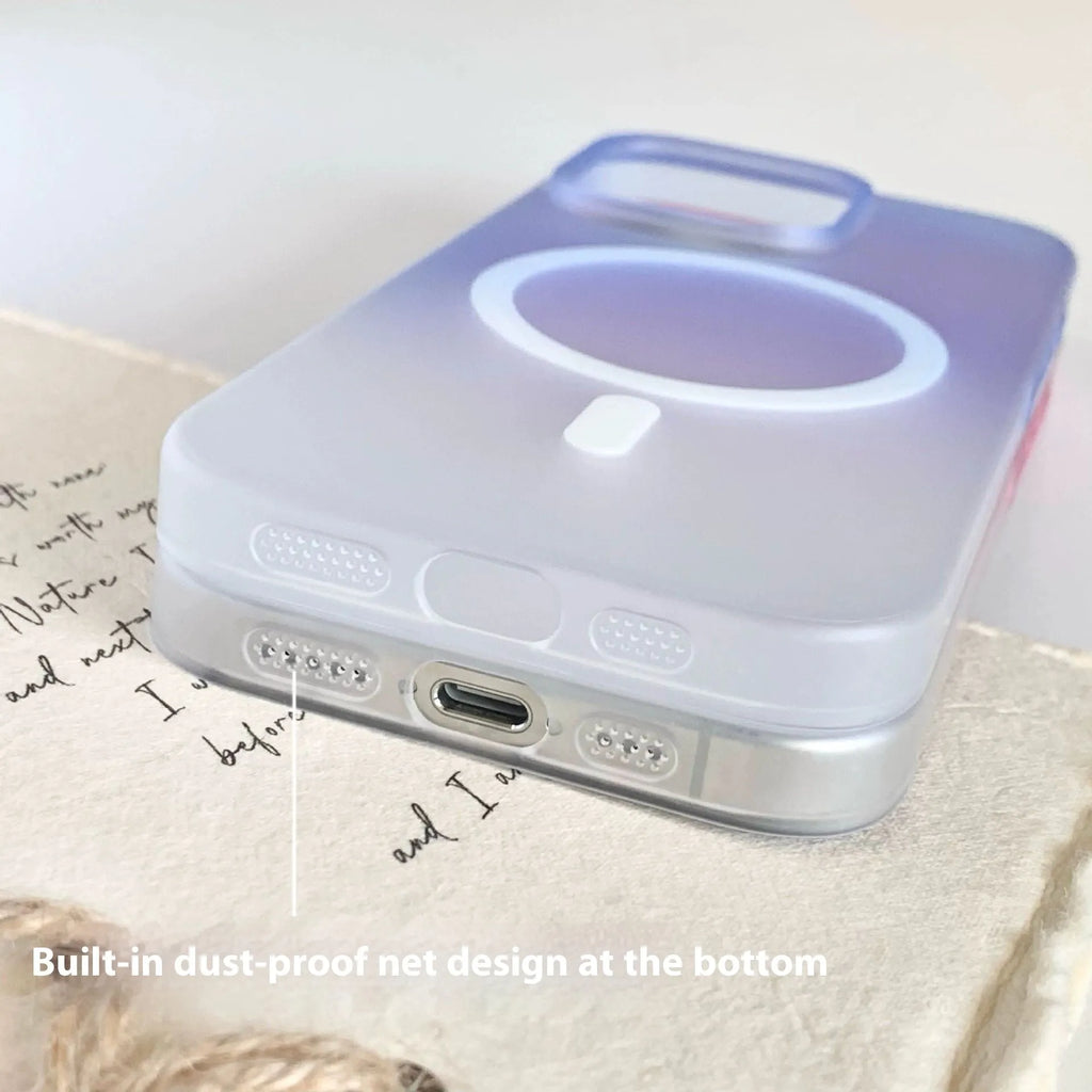 Gradient frosted magnetic suction iPhone case in blue colour showing ultra-thin PC construction