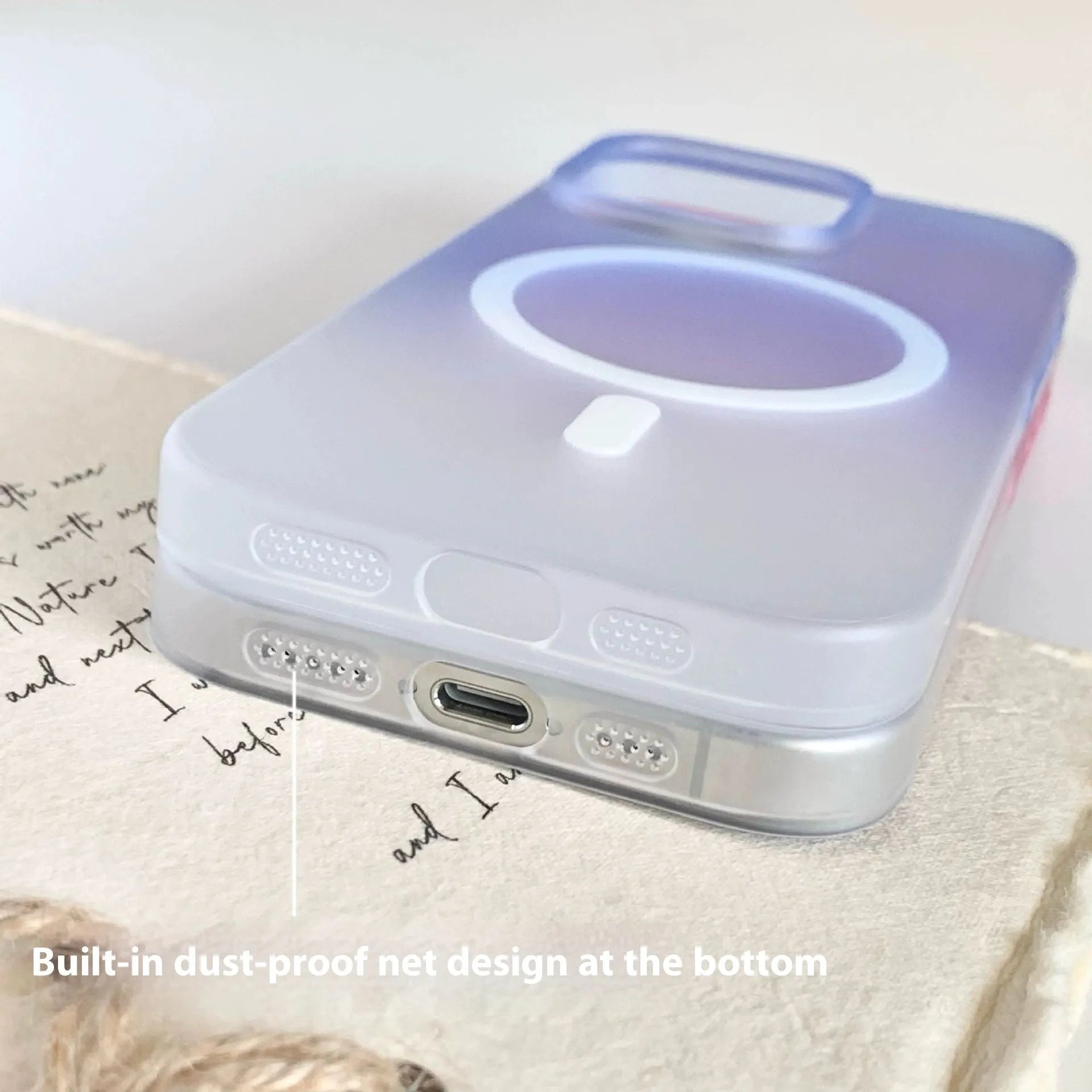 Gradient frosted magnetic suction iPhone case in blue colour showing ultra-thin PC construction