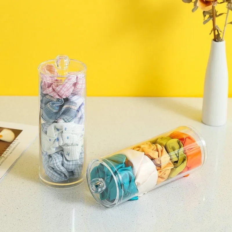 Transparent PE plastic pull-out storage box with cover for hair rings, desktop organiser, modern minimalist style.
