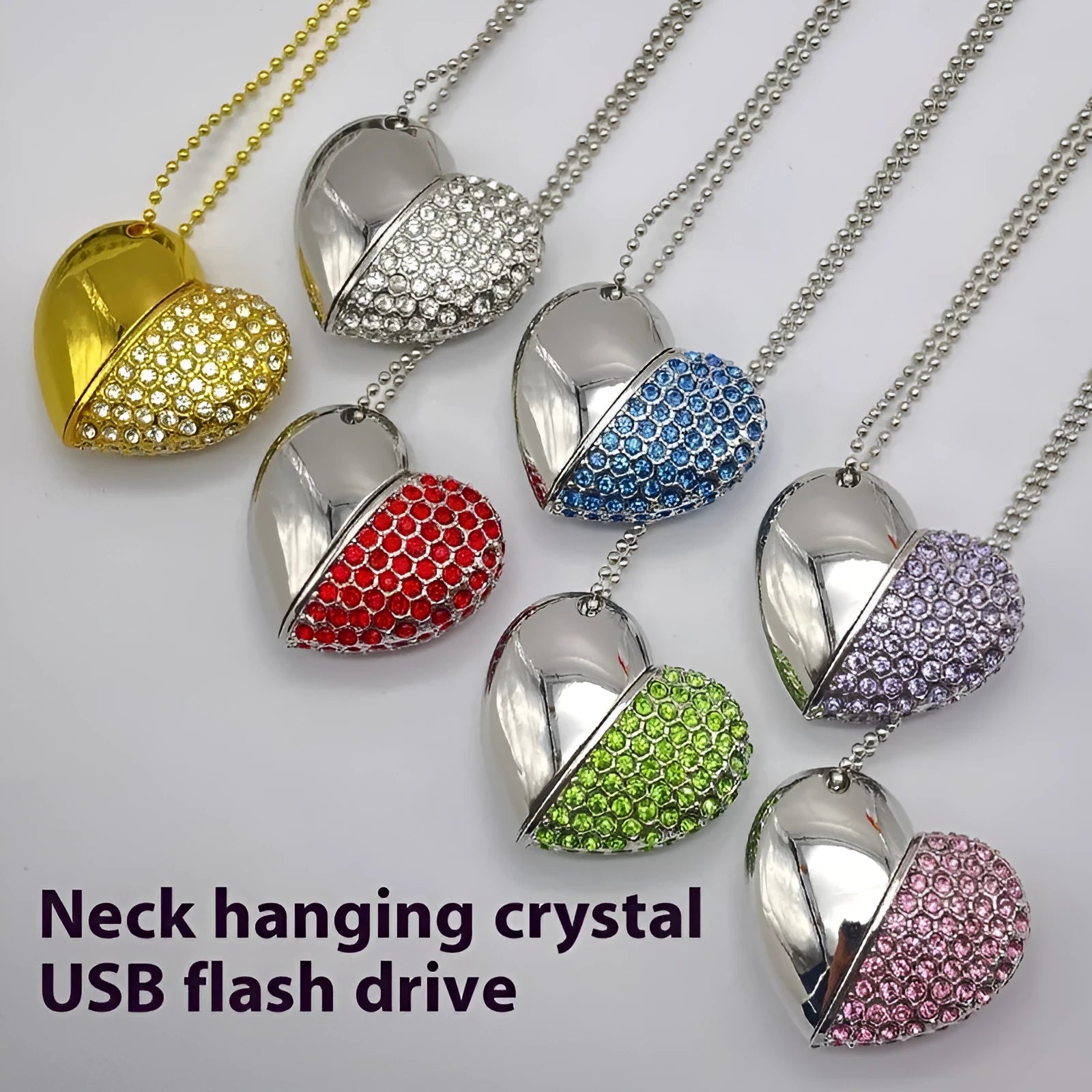 Blue metal USB flash drive with a brick-inlaid heart-shaped design, showing scale.