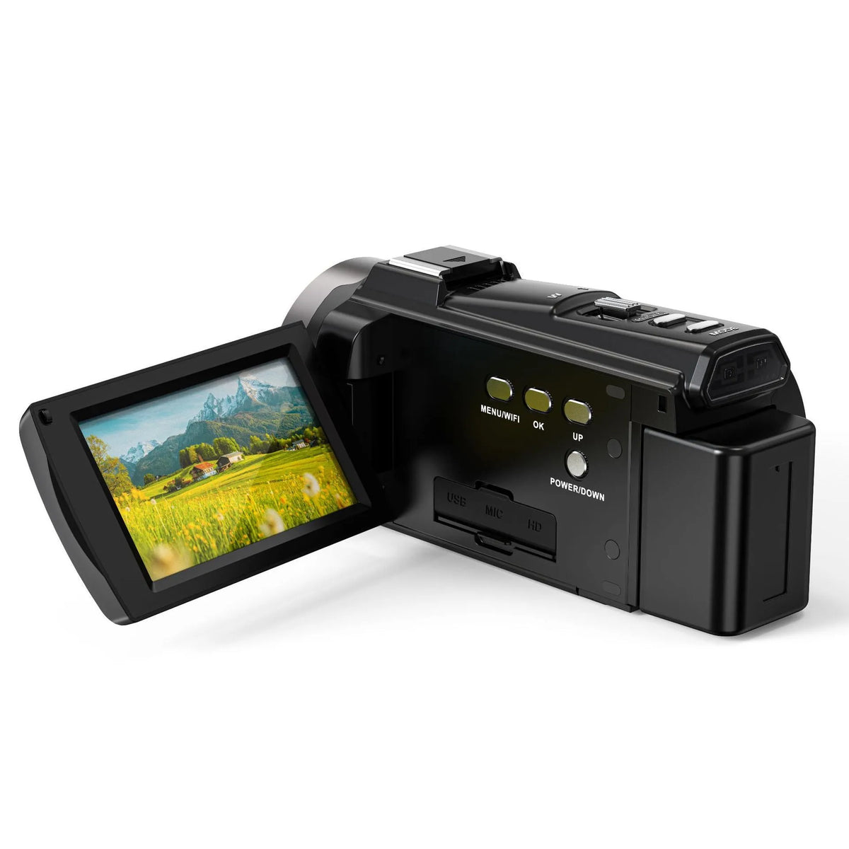 HD digital optical zoom camera in black with 3x zoom lens and 3.0 inch touchscreen LCD