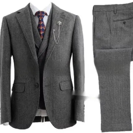 Men's slim-fit nylon three-piece suit in brown colour showing jacket, waistcoat and trousers
