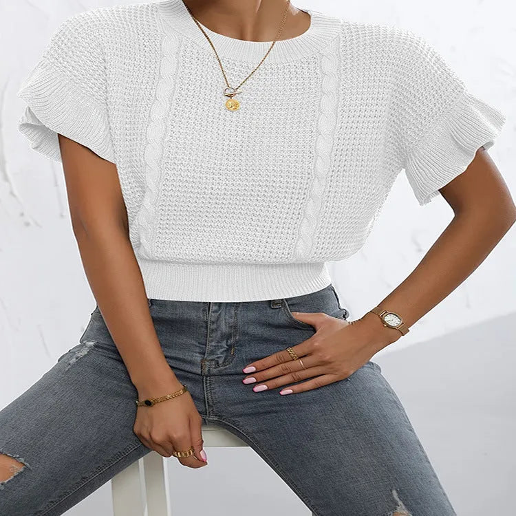 Loose round neck knitted pullover sweater with ruffled short sleeves in khaki colour