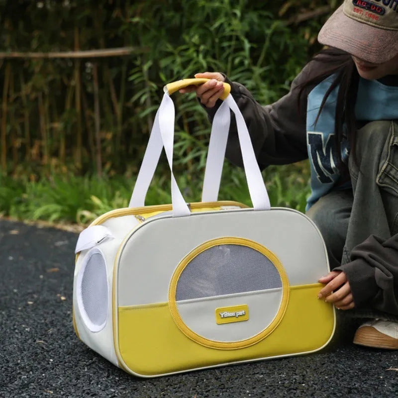 Blue foldable Oxford cloth cat carrier backpack showing large capacity and shoulder straps.