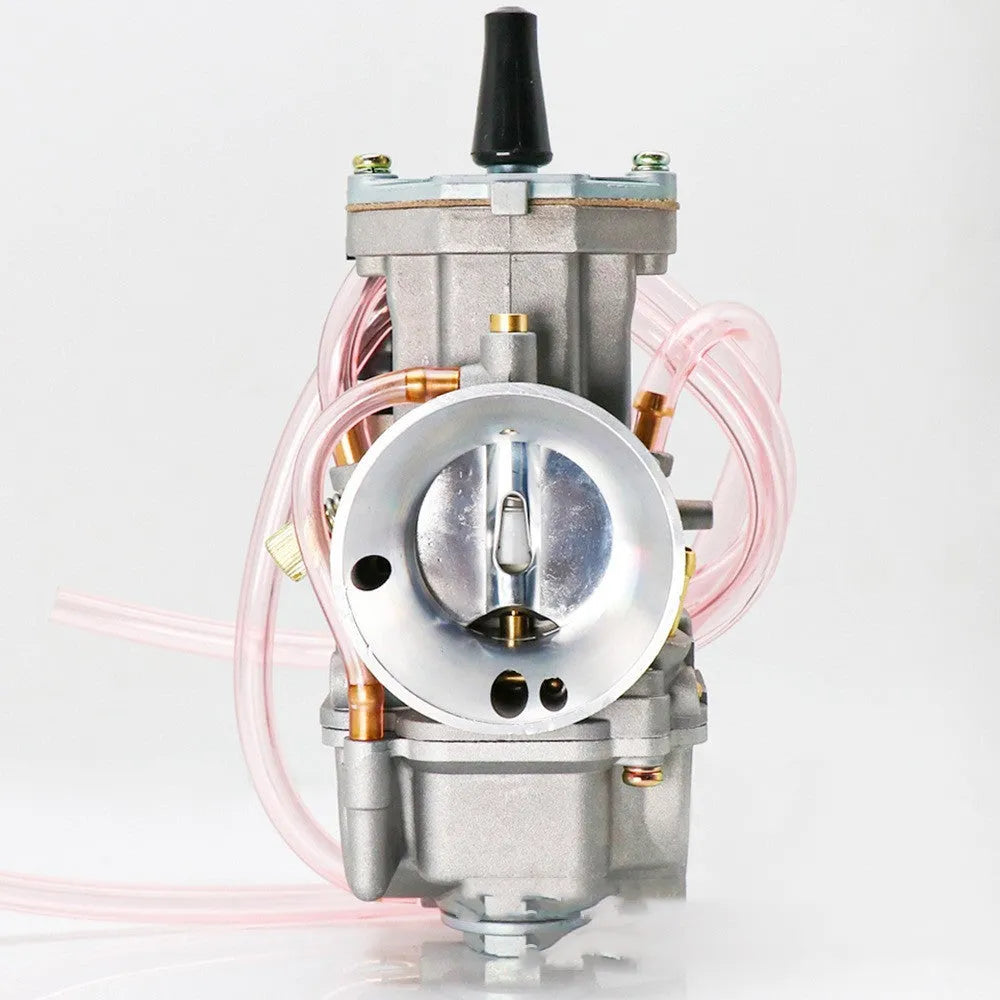 PWK sandblasted motorcycle carburettor conversion kit showing different bore sizes for engine performance modification.