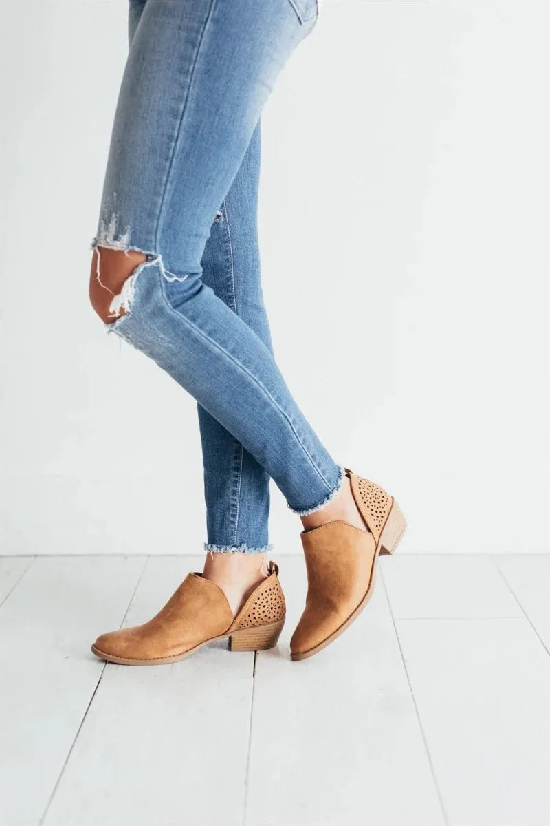 Women beige retro mesh chunky heel ankle boots with cut-out perforated synthetic leather upper, round toe, slip-on style