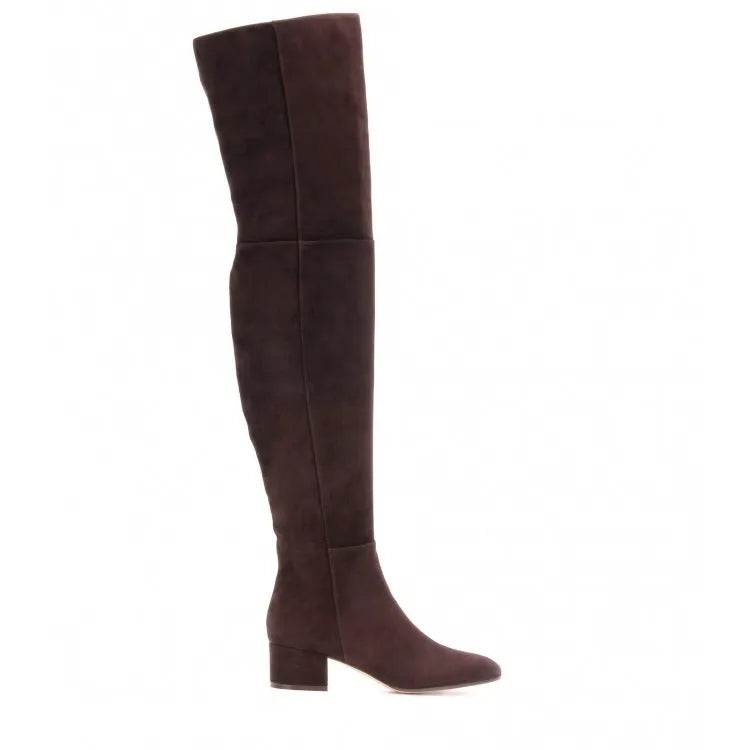 Grey suede women's flat over the knee boots with a pointed toe and low thick heel.