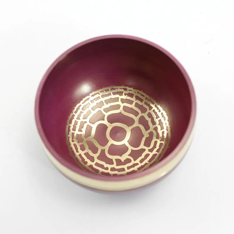 Handmade colourful Himalayan singing bowl percussion instrument measuring 7.8 cm for meditation and yoga.