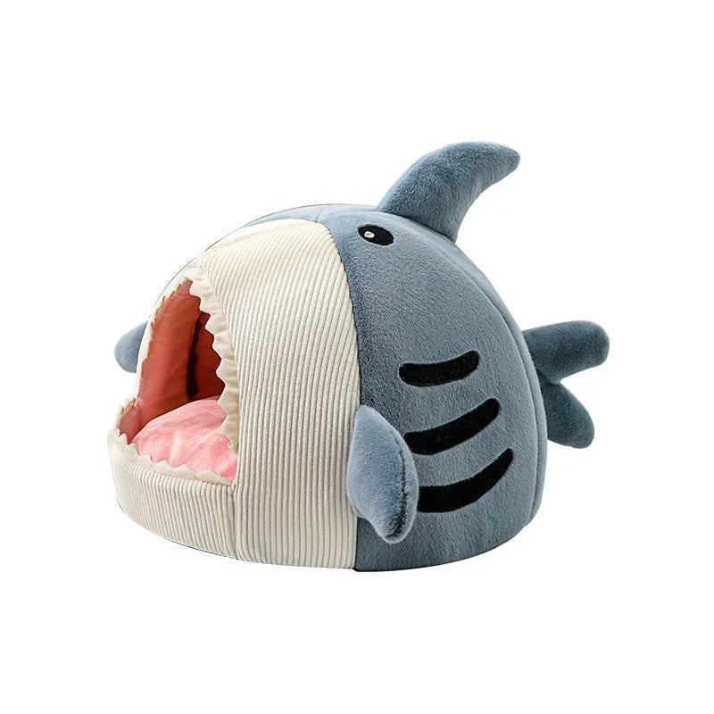 Warm shark cat kennel in blue, semi-closed yurt style, with beige stripe rabbit hair fabric, shown on floor