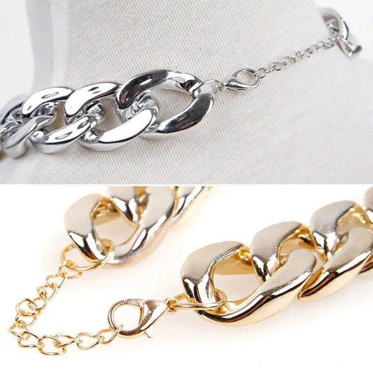 Geometric dog collar chain necklace with buckle on white background showing KC Gold, Local Gold, Rose Gold, and White colour options