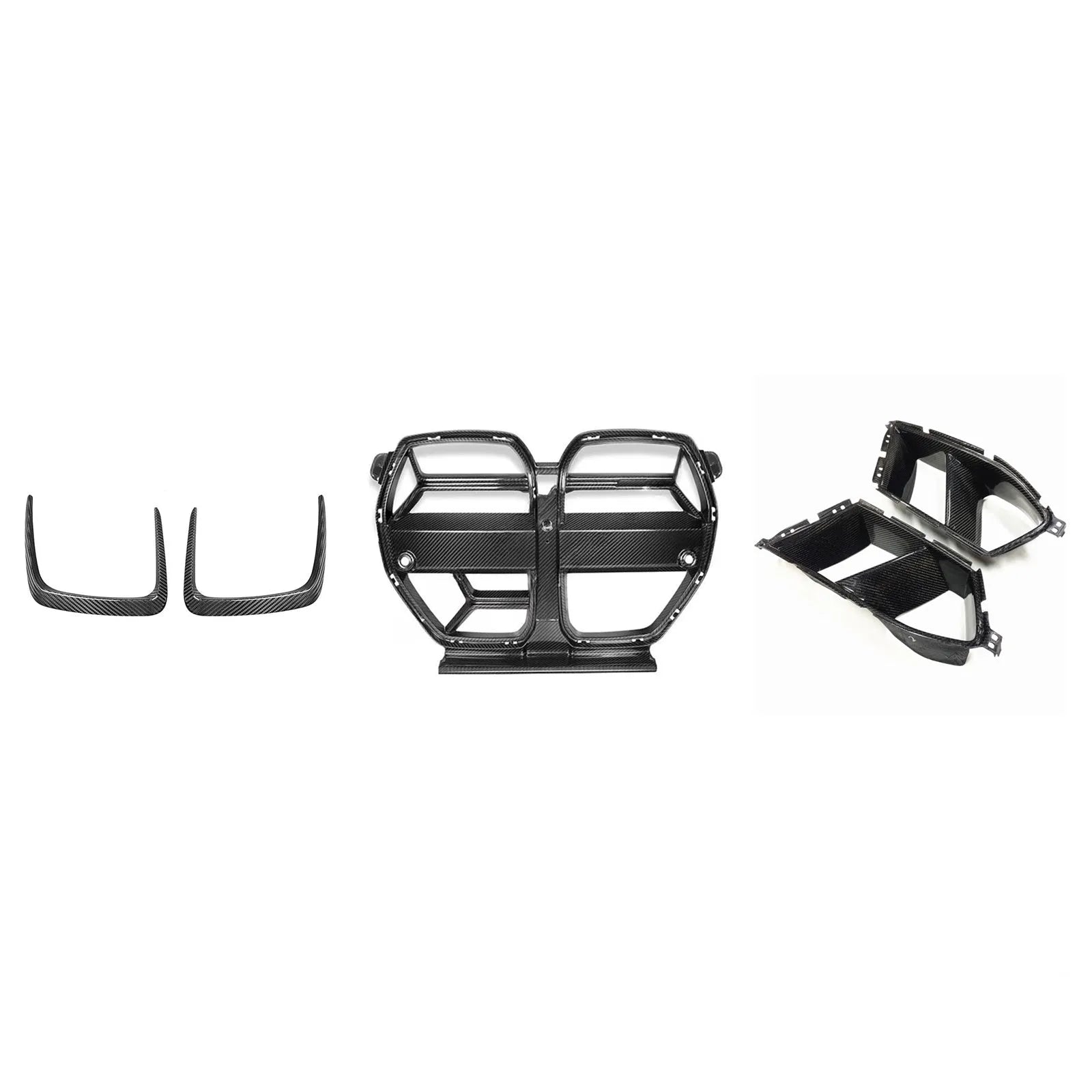 Black dry carbon fibre front bumper grille for BMW M3 M4 G80 G82 with 3K weave pattern.