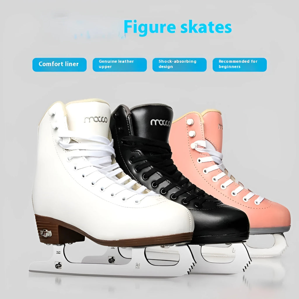 Children's beginner roller skates with genuine leather upper and stainless steel components, in black, pink, or white, sizes 28-35 and 40-44