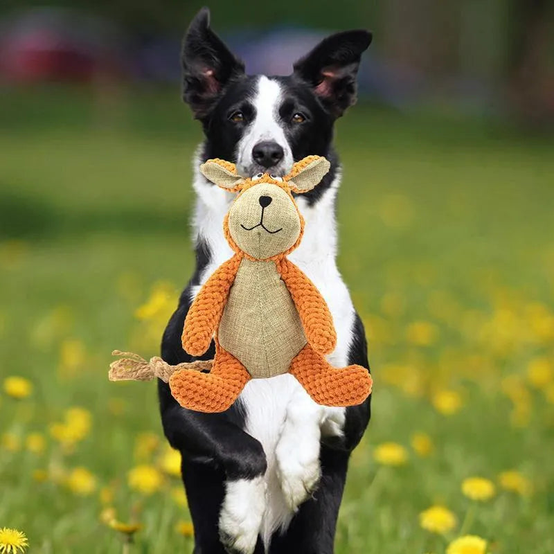 Plush dog chew toy in animal shape with squeaker for teeth cleaning and interactive play