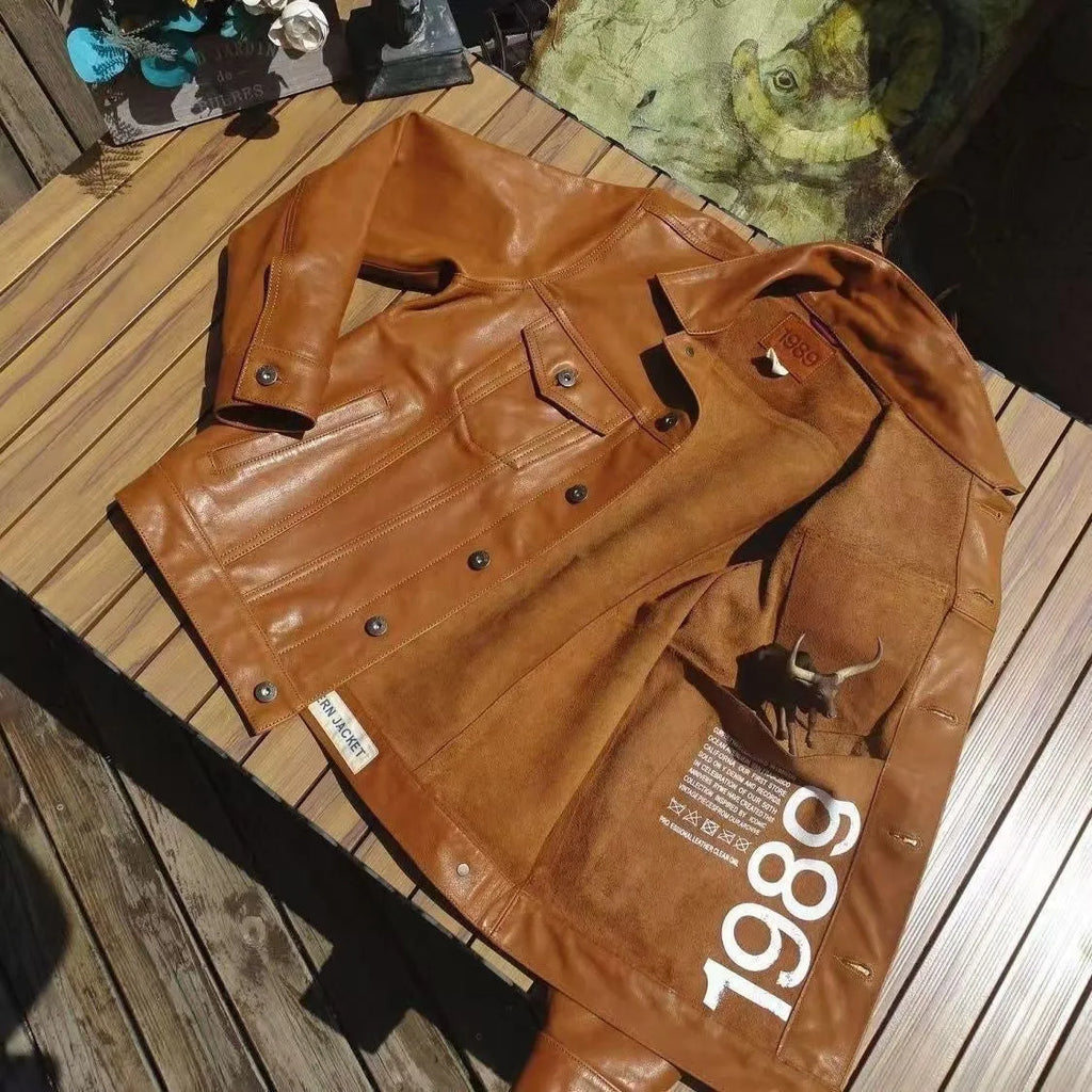 Men's cowboy leather jacket in black or coffee colour, cowhide genuine leather, no lining, ultra-short length 40cm or less