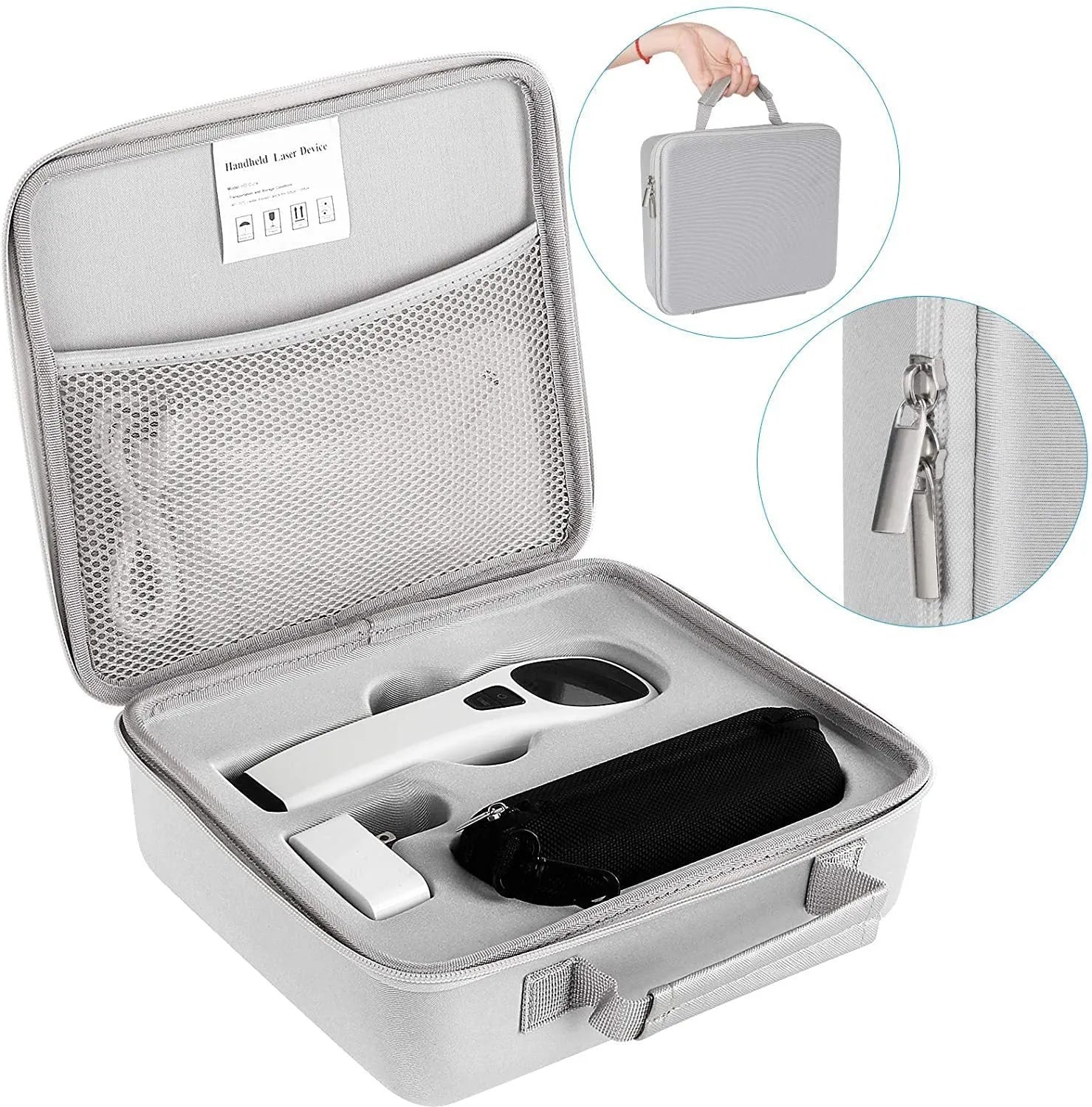 Hand-held red light therapy device with infrared LED array in black and white colour, USB rechargeable, with carrying case and accessories