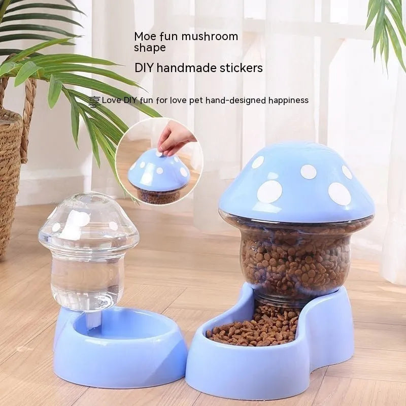 Blue mushroom-shaped automatic pet feeder with dual compartments for water and dry food, made from food-grade PP