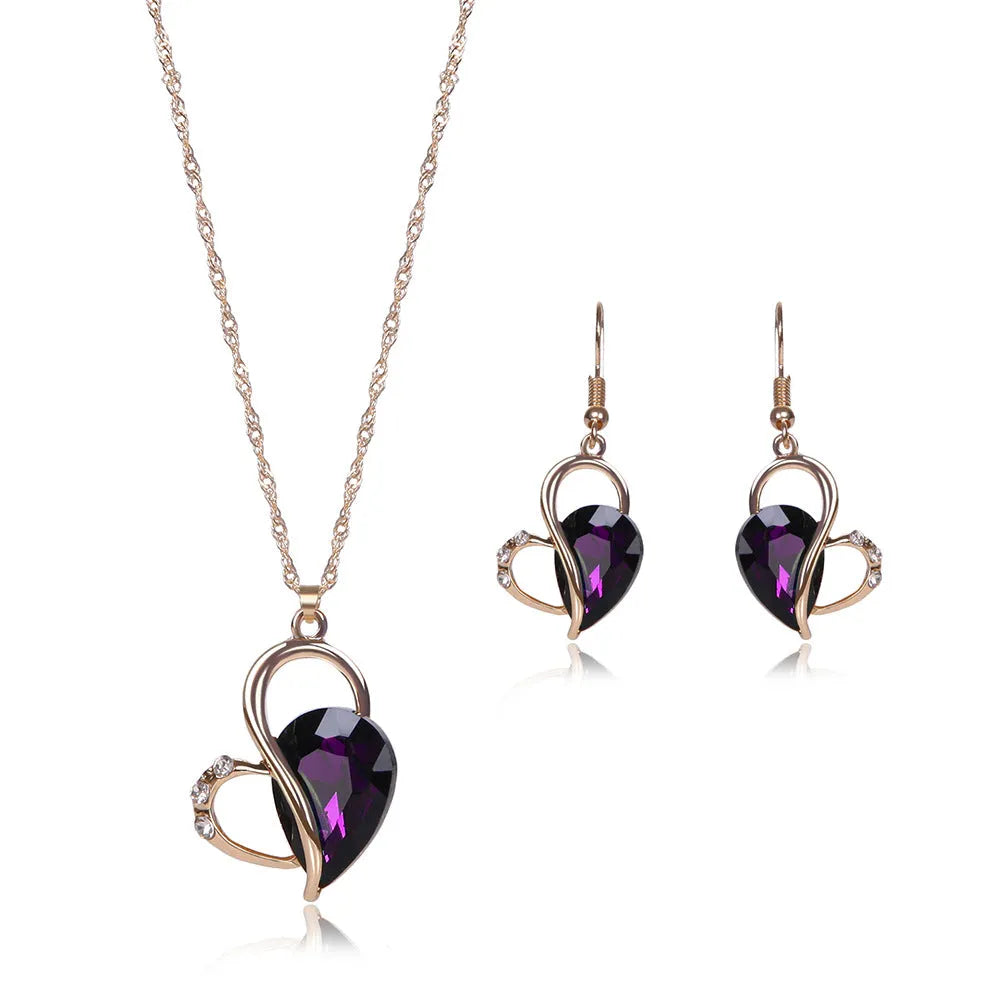 Rose gold alloy heart pattern necklace and earrings set with water wave chain