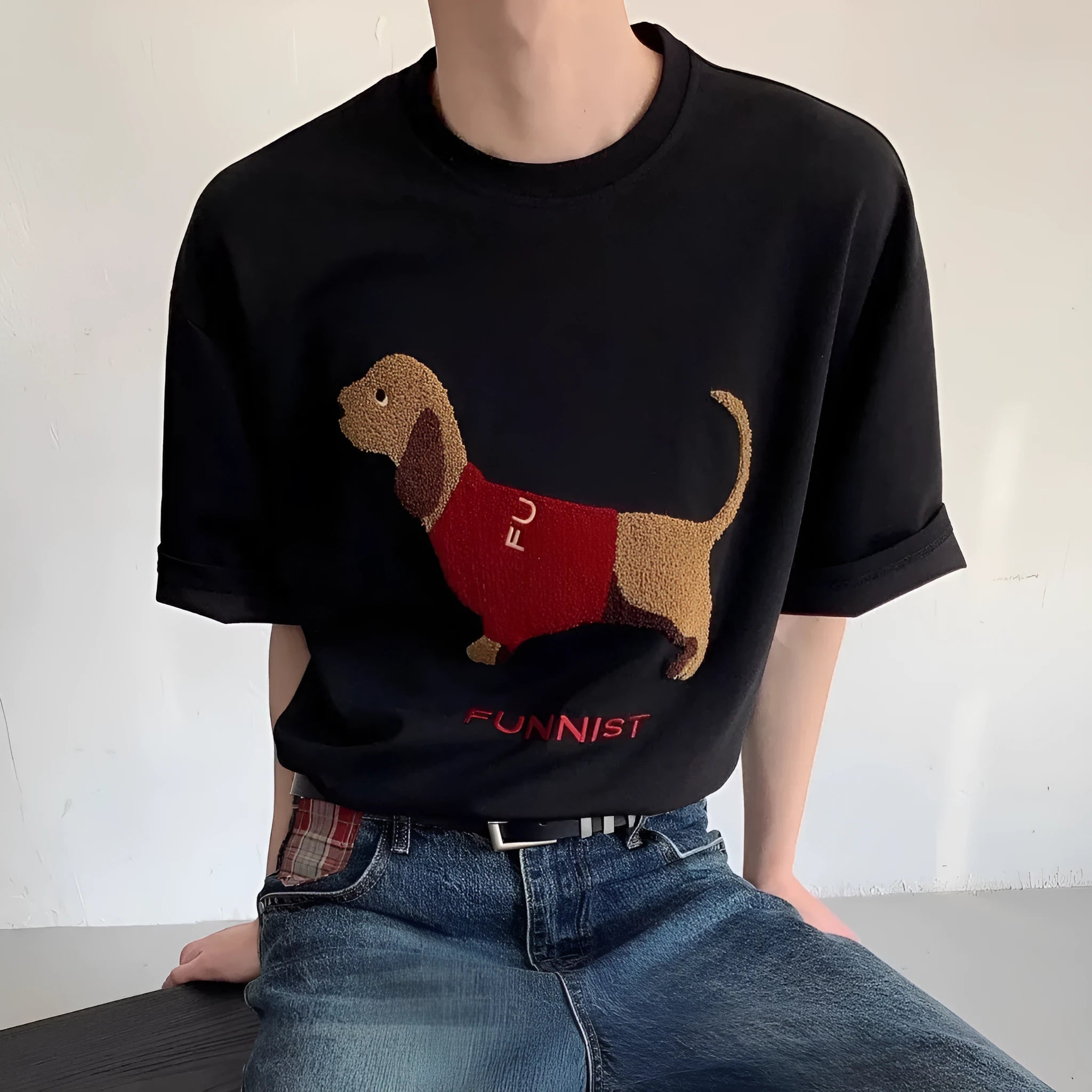 Men's grey cotton T-shirt with embroidered sausage dog design on the chest, short sleeves and round neck.