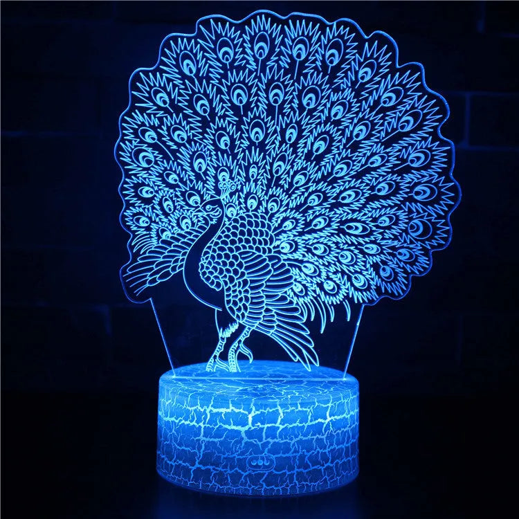 Colourful acrylic 3D USB table lamp with touch control on a small black ABS base.