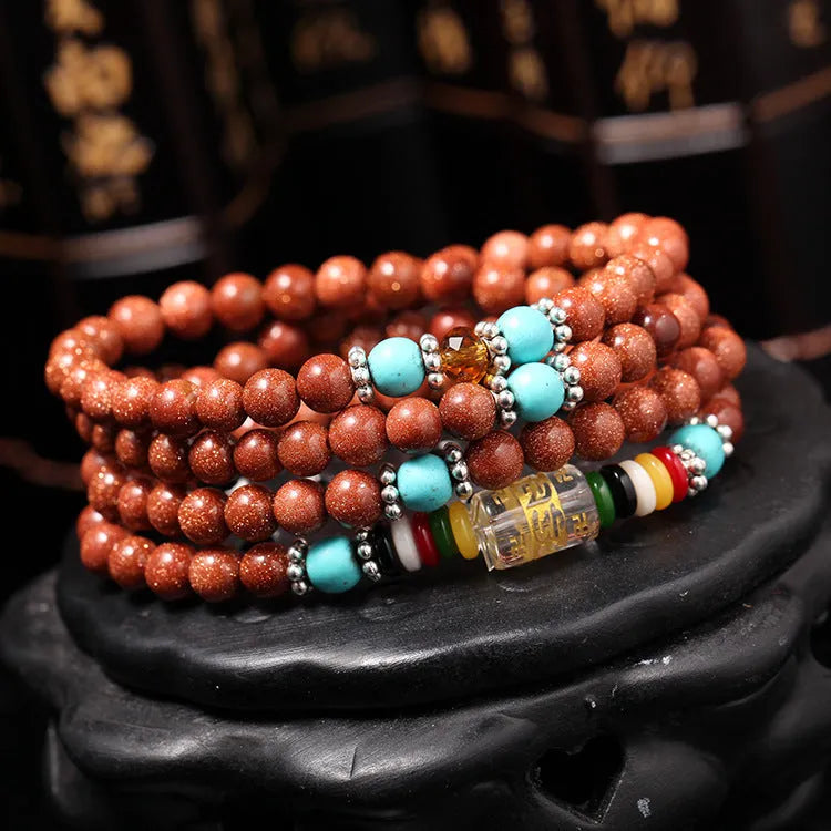 Golden star stone colour bracelet with six-words mantra and multi-circle design featuring fu character symbols