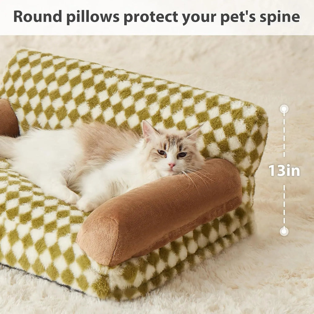 Pet couch bed for small dogs and cats with checkered pattern and non-slip bottom, white and grey, in a living room