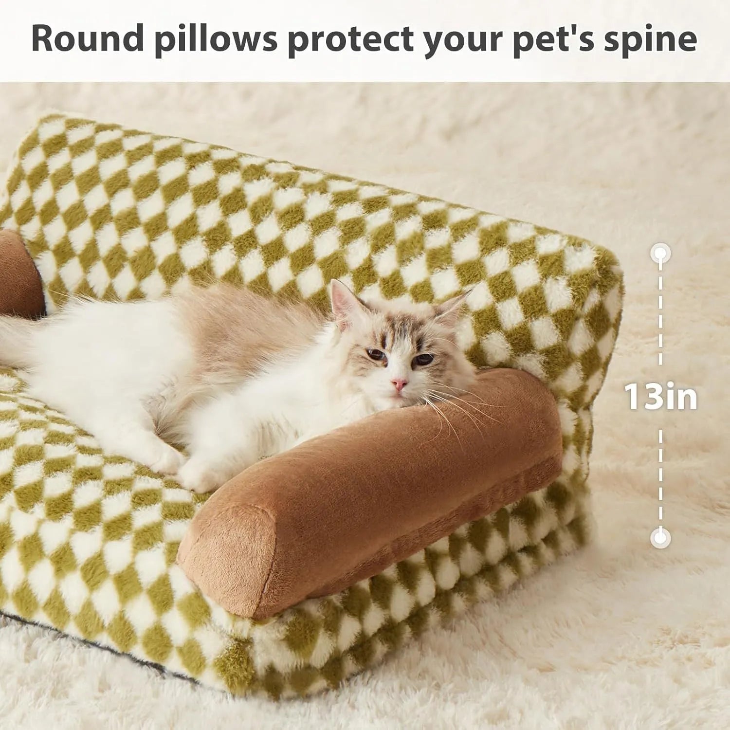 Pet couch bed for small dogs and cats with checkered pattern and non-slip bottom, white and grey, in a living room