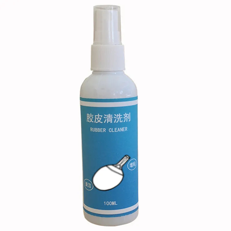 Table tennis racket cleaner kit with sponge mop, rubber cleaning agent bottle and protective film on table