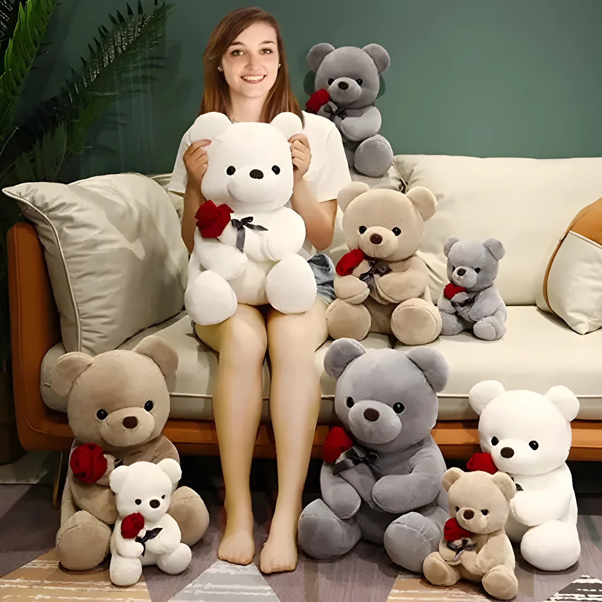 Rose bear plush teddy doll in beige, brown, or grey with PP cotton filling and multiple size options