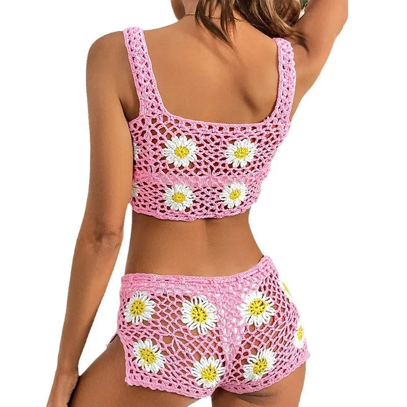Women's light green flower pattern vest bikini swimsuit two-piece set