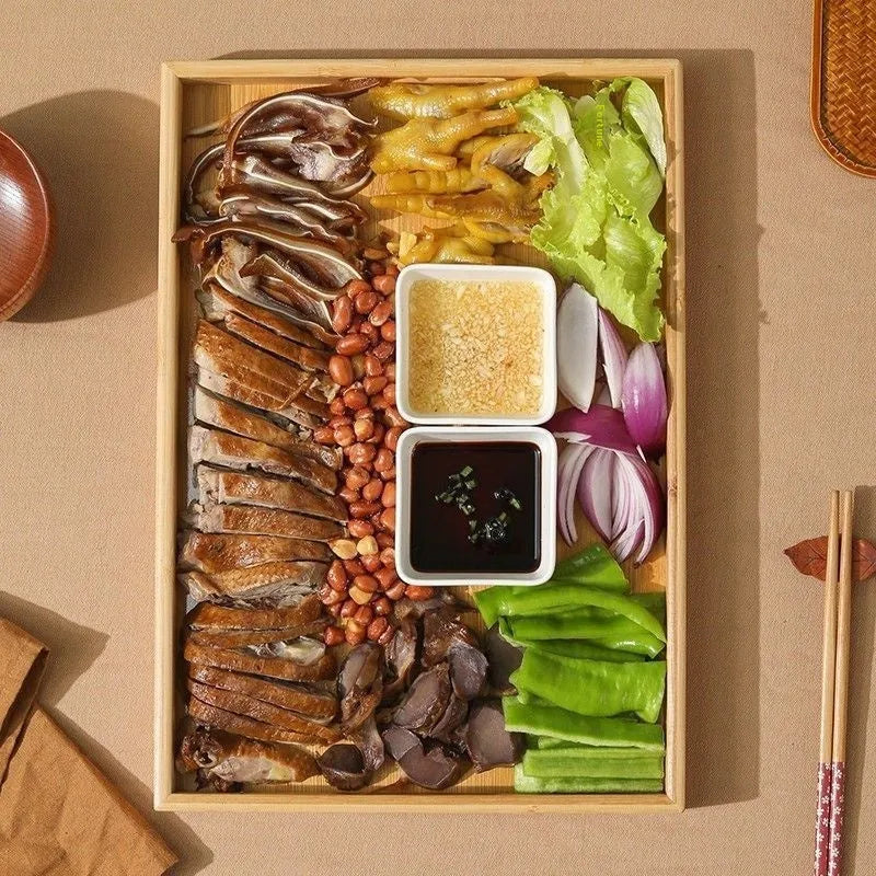 Square bamboo serving tray with brown handle for barbecue shops and restaurants