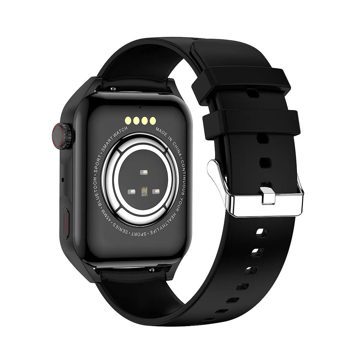 Pink smart watch with 1.8-inch AMOLED screen on a silicone strap, showing a multi-dial interface.