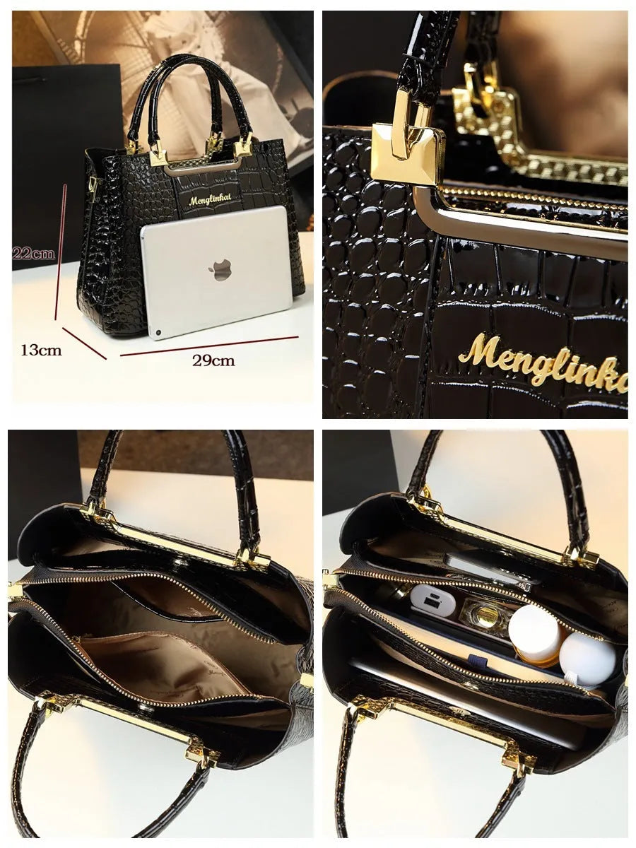 Fashion print light luxury vertical square handbag in black PU with zipper