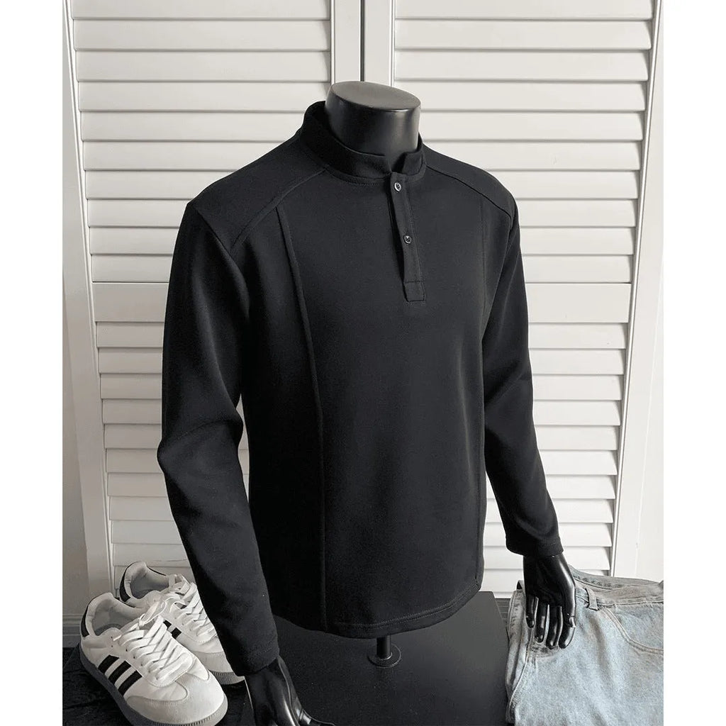 Men's loose fit asymmetric patchwork stand-up collar long sleeve shirt in grey.