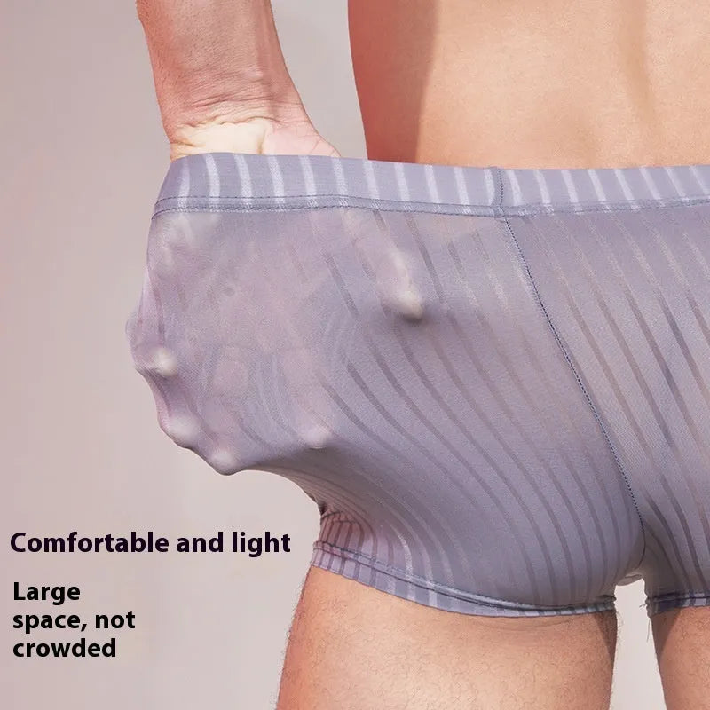 Men's striped underwear in thin nylon fabric showing transparent design in black, white and dark grey colours
