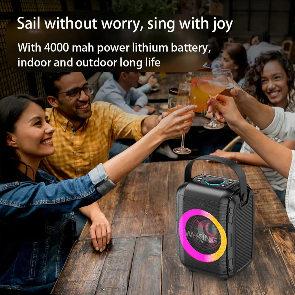 Black portable Bluetooth speaker with cool light circle, horizontal placement, wireless connection for music streaming