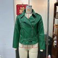 Punk short belt lapel jacket in leather-look polyester with a Peter Pan collar.