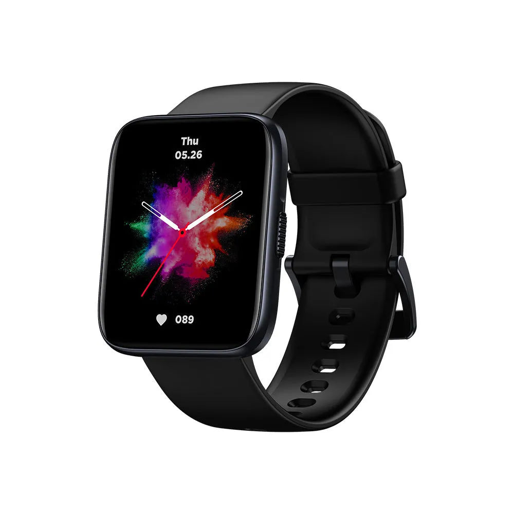 Black GPS sports smartwatch with rubber strap on a wrist, showing a health metrics screen.