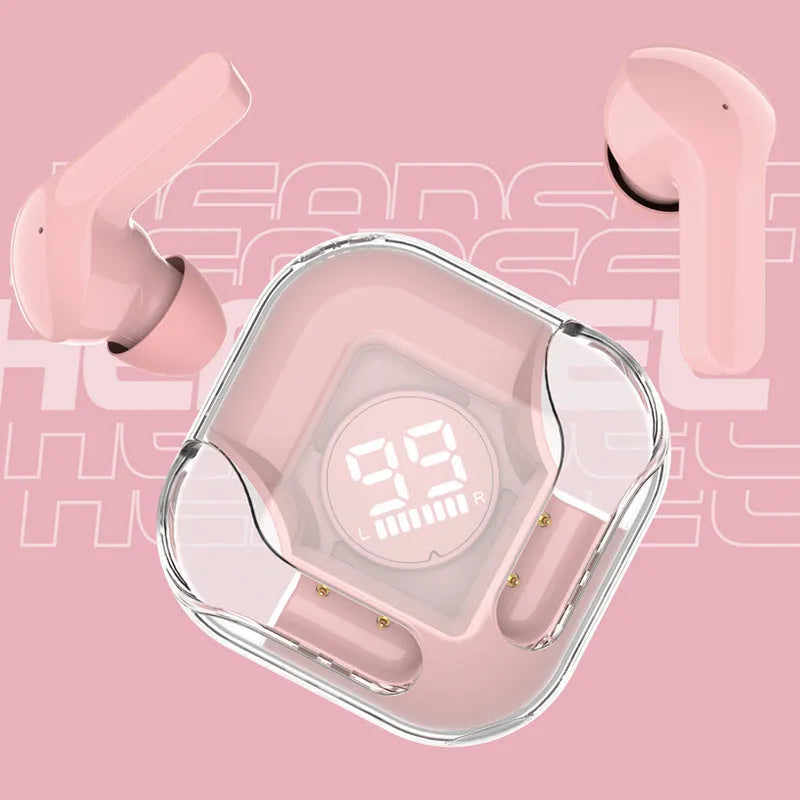 TWS wireless Bluetooth earphones in transparent white, black, pink, blue, and green colours with charging case