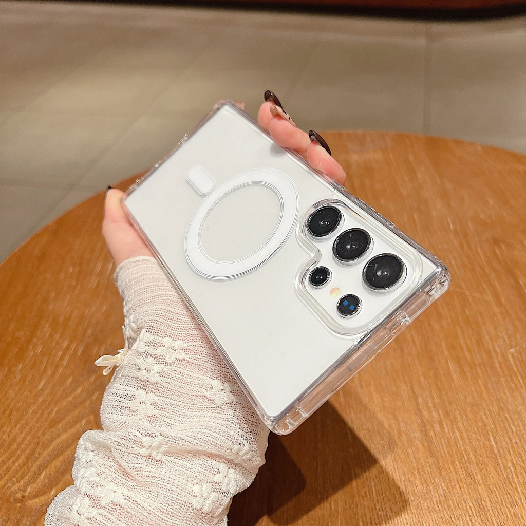 Transparent magnetic silicone phone case for Samsung Galaxy smartphones showing clear design and magnetic features