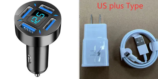 Black four-port USB car charger with LED digital display plugged into a car power outlet.