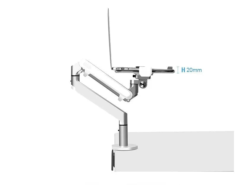 Silver aluminium laptop stand with adjustable air pressure arm holding a notebook above desktop